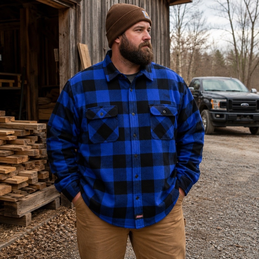 Dickies Jacket Mens 2XL Blue Black Buffalo Plaid Quilted Lined Fleece Flannel
